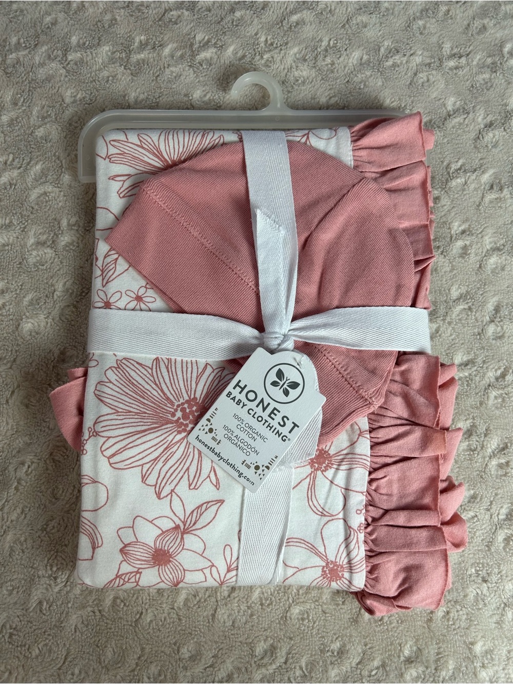 Honest Baby Pink Floral Stroller Blanket & Cap Set Organic Cotton Ruffle Edge